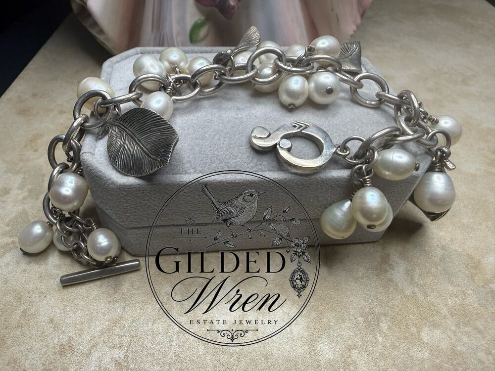Retired Silpada B1631 Sterling Silver Freshwater Pearl Leaf Cha Cha Bracelet 68g